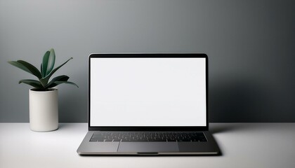 Fototapeta premium Open laptop with blank screen on a minimalist background, ideal for branding or presentation mockups. Generative AI