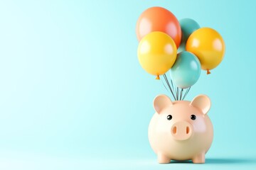 Piggy bank with colorful balloons, vibrant background, playful savings concept.
