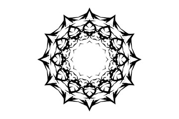 Sophisticated Black and White Circular Mandala with Detailed Patterns on a White Canvas
