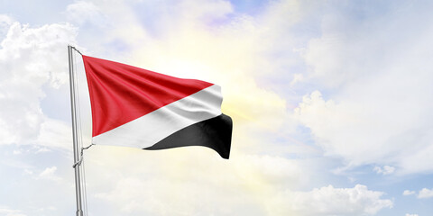 Sealand Principality flag waving on sky background. 3D Rendering