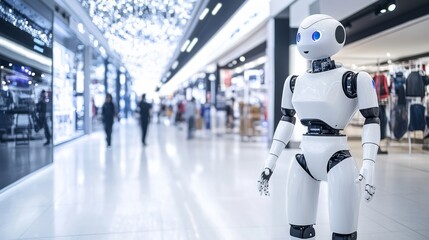 AI-driven robotic shopping assistant in a futuristic retail store, high-tech shopping mall with robotic assistants and shoppers, Innovative style