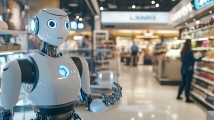 AI-driven robotic shopping assistant in a futuristic retail store, high-tech shopping mall with robotic assistants and shoppers, Innovative style