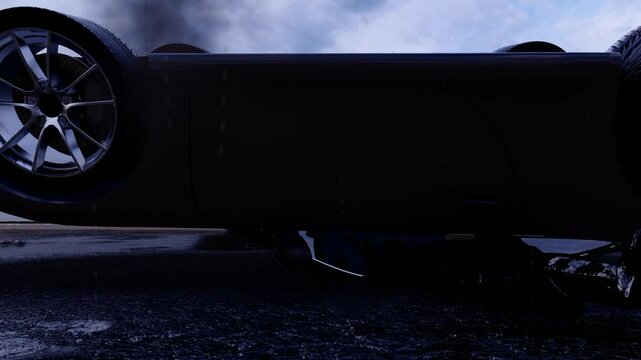 The vehicle is reversing and has caught fire after a crash.