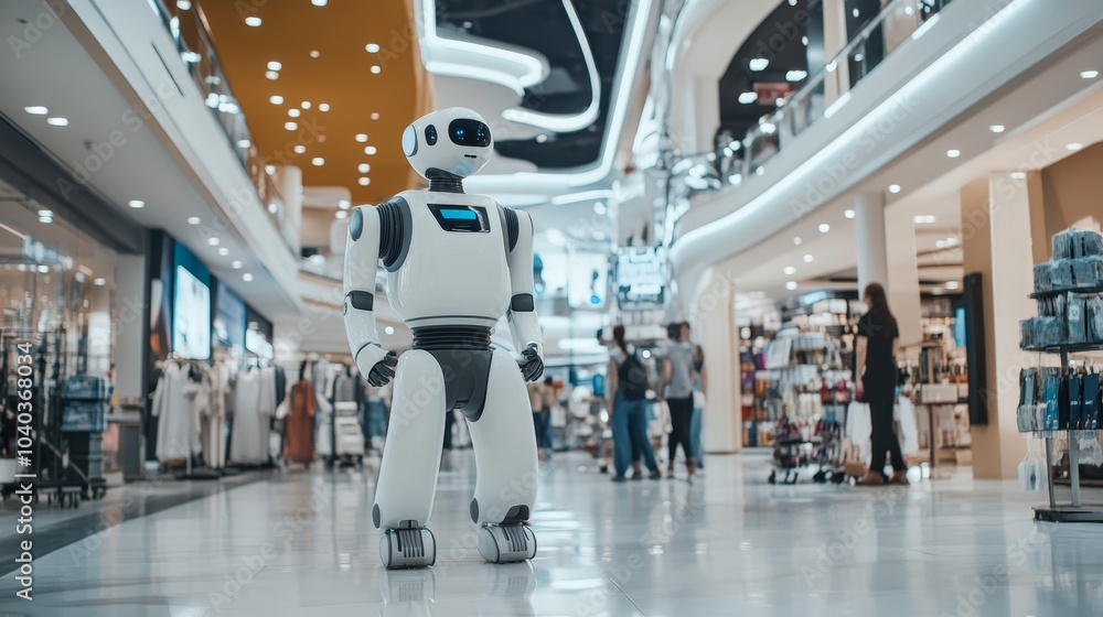 Poster ai-driven robotic shopping assistant in a futuristic retail store, high-tech shopping mall with robo