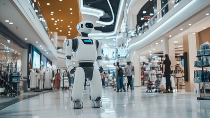 AI-driven robotic shopping assistant in a futuristic retail store, high-tech shopping mall with robotic assistants and shoppers, Innovative style