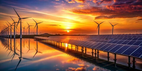 Fototapeta premium Vintage Sunset Over Serene Solar Farm and Wind Turbines Reflecting on Water