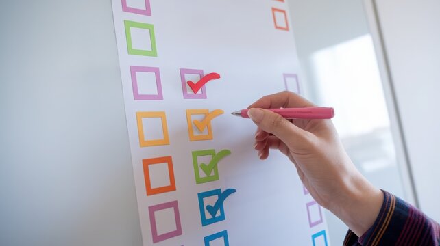 Hand marking checklist with colorful boxes on a white paper background.