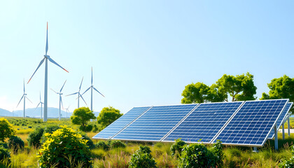 renewable energy background with green energy as wind turbines and solar panels with a white accent, png