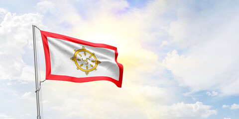 Sikkim flag waving on sky background. 3D Rendering