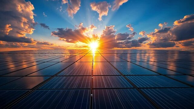 A vibrant sunset over a solar panel field, highlighting renewable energy's potential footage