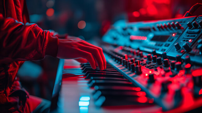 Musician's hands playing keyboard synthesizer on stage with vibrant blue and red lighting
