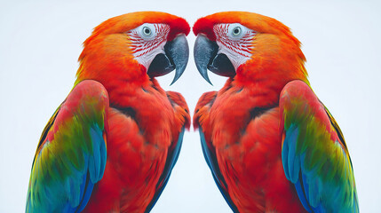 Two scarlet macaws with vibrant feathers perched together, creating a symmetrical and mesmerizing scene. Perfect for animal-themed projects with copy space