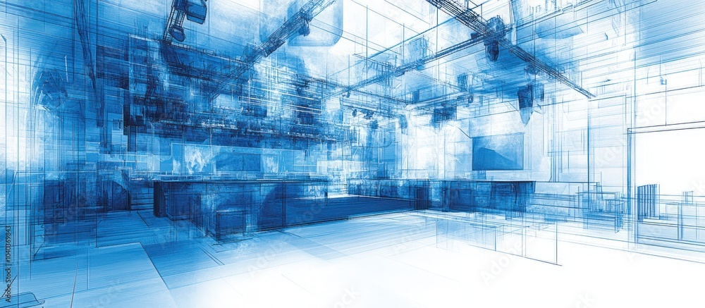 Poster abstract architectural rendering of a modern building with blue and white tones.