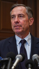 Naklejka premium Middle-aged businessman giving a speech at a press conference, serious and composed expression in a formal suit 