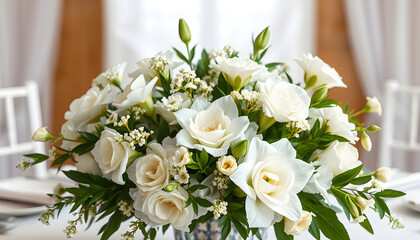 centerpiece of white flowers at a wedding with a white accent, png