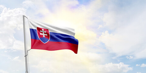 Slovakia flag waving on sky background. 3D Rendering