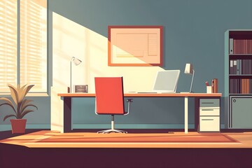 Fototapeta premium minimalist office illustration home office space desk chair computer plants