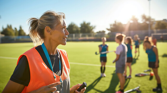 Female field hockey coach in orange vest with whistle and clipboard leading her team on a sunny field