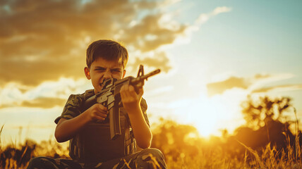 Young boy dressed as a soldier is aiming a toy gun while playing outside at sunset