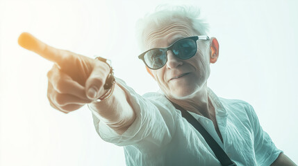 Confident senior man in sunglasses pointing at you, stylishly dressed against white background, with watch and bracelet, gesturing upwards