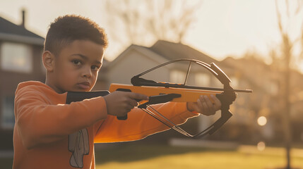 Young boy aims a toy crossbow in the backyard during the golden hour