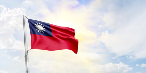Taiwan flag waving on sky background. 3D Rendering