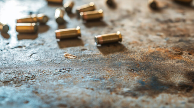 Bullets scattered on metal table, creating ominous atmosphere hinting at danger and violence. Rusty surface adds gritty feel, close-up shot showcases ammunition details