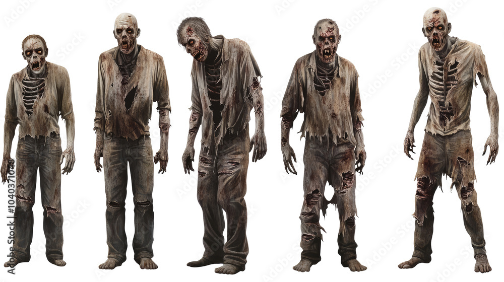 Poster tattered zombies crowding on transparent background generative ai