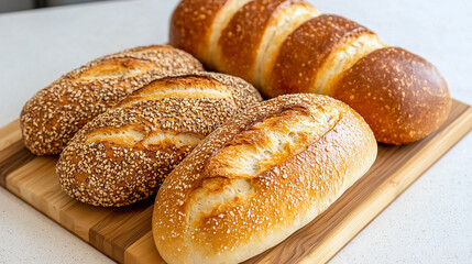 A variety of freshly baked bread loaves are displayed on a wooden cutting board, showcasing their crunchy crusts