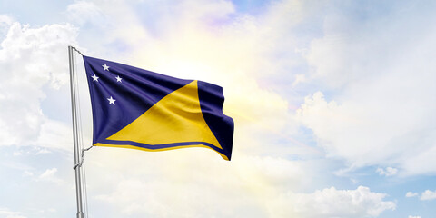Tokelau flag waving on sky background. 3D Rendering