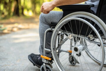 Obraz premium Person sitting in a wheelchair, enjoying a walk through a garden, symbolizing independence and mobility