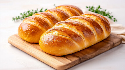 Naklejka premium Two loaves of freshly baked bread on a wooden cutting board with fresh herbs in a warm, inviting kitchen setting