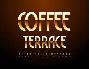 Obraz premium Vector trendy advertisement Coffee Terrace. Stylish Gold Font. Modern Exclusive Alphabet Letters and Numbers set.
