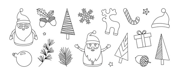 Christmas line icon, Xmas doodle, winter set outline design. Holiday decoration element. Santa Claus, gift box, candy cone, deer, ball, snowflake, hat, fir and pine tree. Season vector illustration