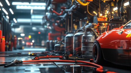 A pit lane with meticulously arranged fuel tanks, air hoses, and tools, ready for high-speed action