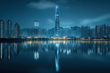 Modern City Skyline at Night with Reflections on Water - Desktop Wallpaper
