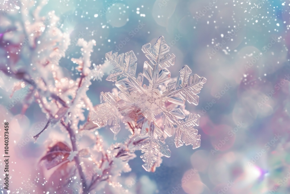 Wall mural Snowflake in winter outdoors crystal nature.