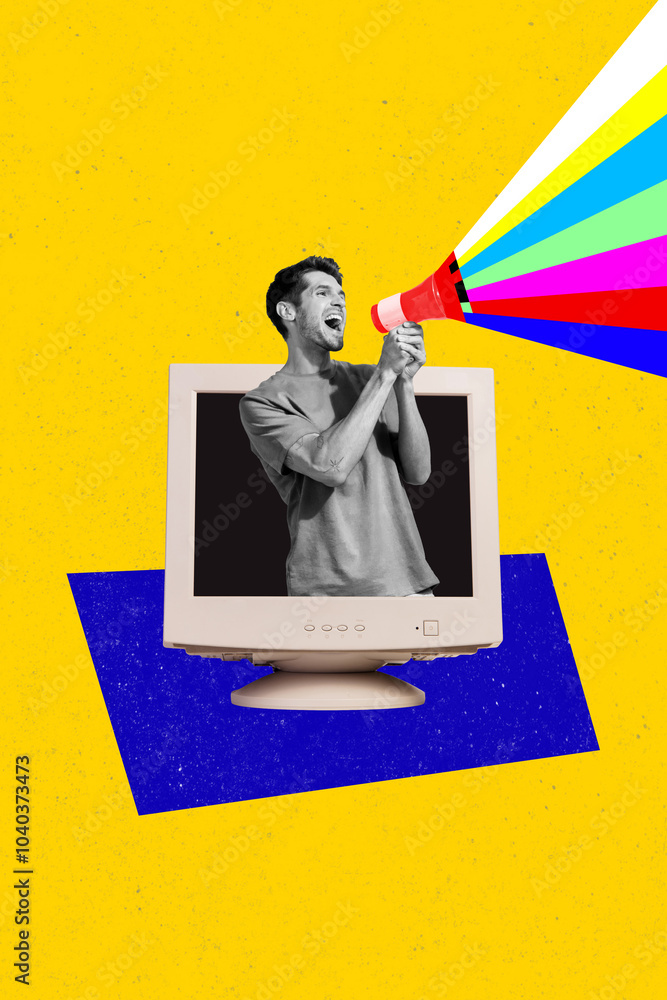 Aufkleber composite trend artwork sketch image photo collage of obsolete computer monitor young guy appear hol