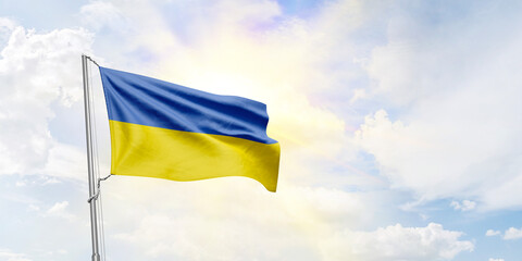 Ukraine flag waving on sky background. 3D Rendering
