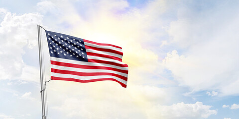 United States flag waving on sky background. 3D Rendering