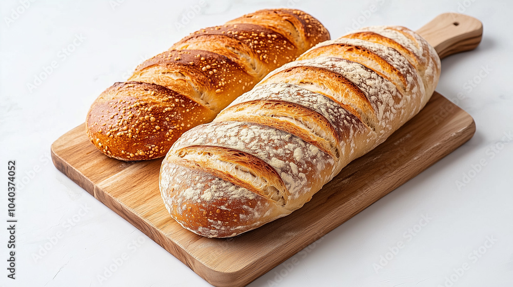 Wall mural two golden-brown loaves of bread resting on a wooden cutting board, inviting for a warm meal