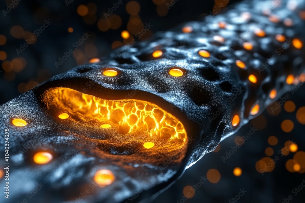 Poster 3D digital rendering of a human cell membrane, with floating ion channels and dynamic movements of ions passing through the membrane