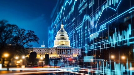 The U.S. Capitol building at night, overlaid with stock charts and financial data, symbolizing the intersection of government, economics, and market trends.
