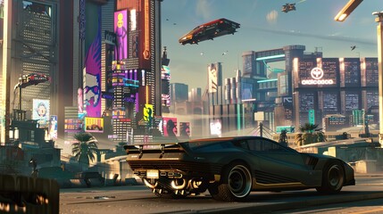 Cyberpunk cityscape with flying cars and neon billboards