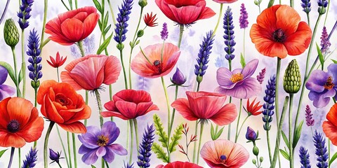 Watercolor Meadow Flowers Pattern with Red Poppies and Lavender for Fabric and Home Decor