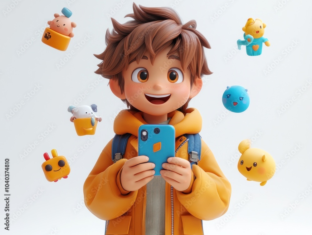 Wall mural Boy with Phone and Animated Characters