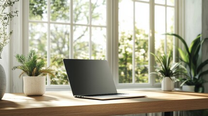 Fototapeta premium Natural light floods a bright workspace where a laptop rests on a wooden desk, enhancing a cozy atmosphere with plants nearby. Generative AI