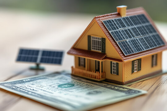 Model House with Solar Panels and Dollar Bill 