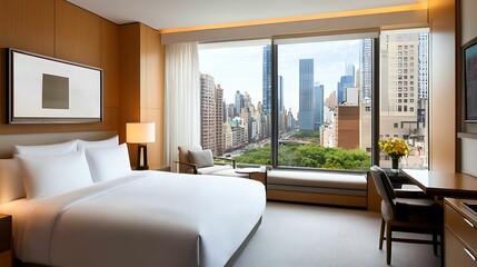 A modern luxury hotel room featuring a large bed, elegant decor, and a stunning view of the city skyline through floor-to-ceiling windows.