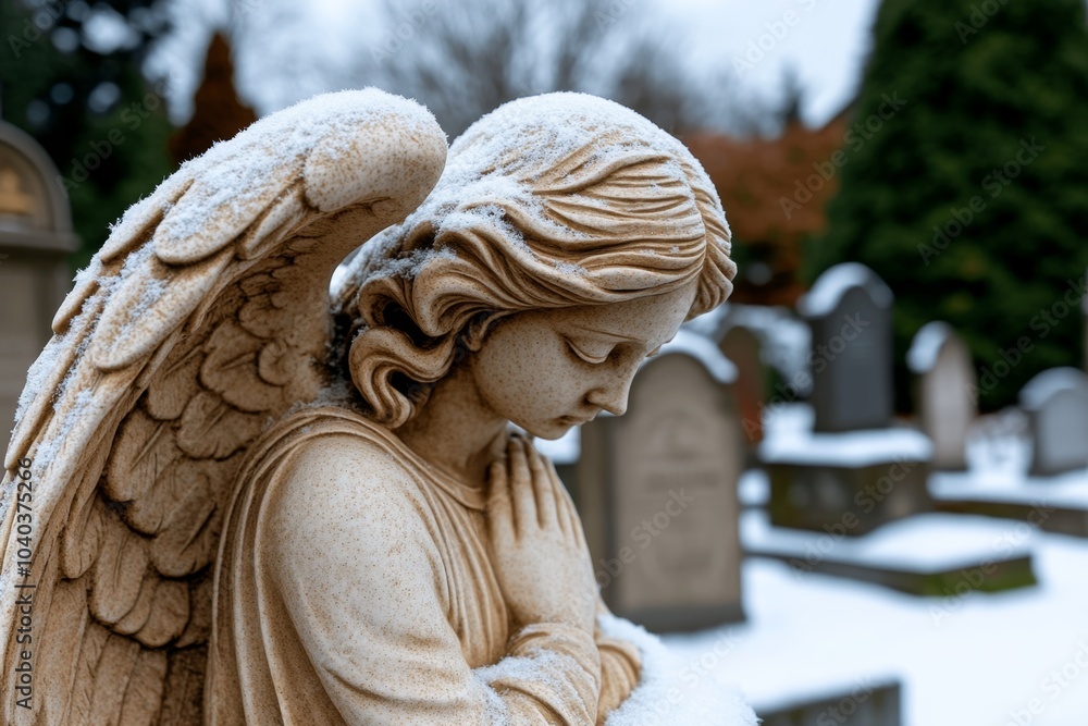 Poster angel statue in a snowy graveyard, with a light dusting of snow on its wings and tombstones blankete